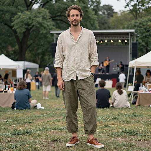 Photograph of a bearded man with brown hair, wearing a white button-up shirt, olive pants, and brown shoes, standing in a grassy