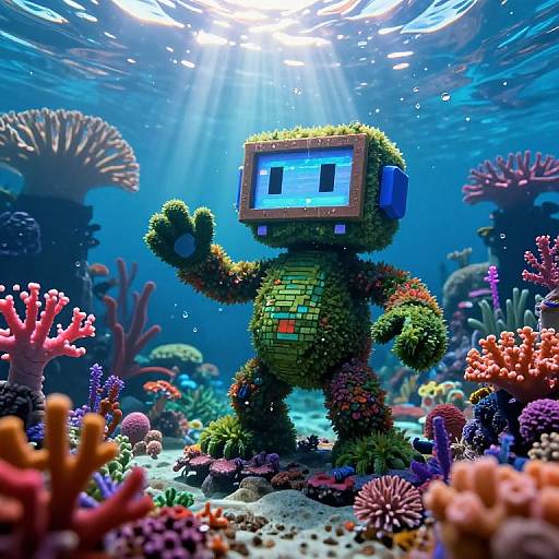 Photograph of a pixelated, green, moss-covered robot with a blue screen face, waving in a vibrant, sunlit underwater coral reef.