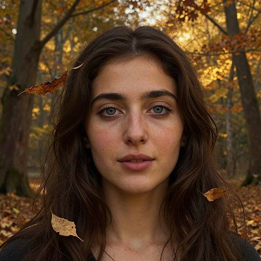 Photograph of a young woman with fair skin, blue eyes, and long brown hair, standing in a forest during autumn. Leaves fall around her,