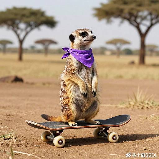 Clothed Meerkat on Skateboard