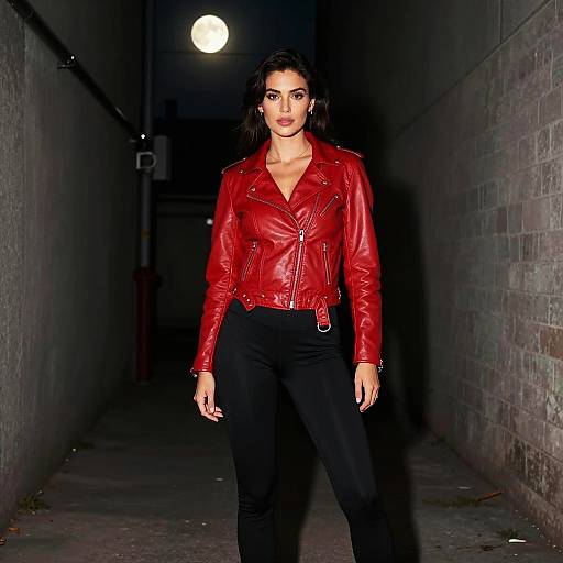 Woman in Red Leather Jacket Under Moonlight