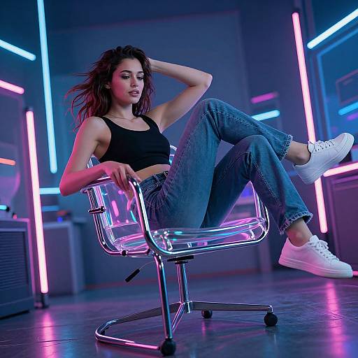 Photograph of a young woman with long brown hair, wearing a black crop top and blue jeans, sitting casually on a neon-lit chair in a