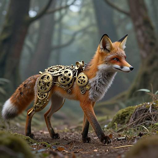 Photograph of a red fox with intricate golden mechanical gears on its back, walking through a misty, moss-covered forest.