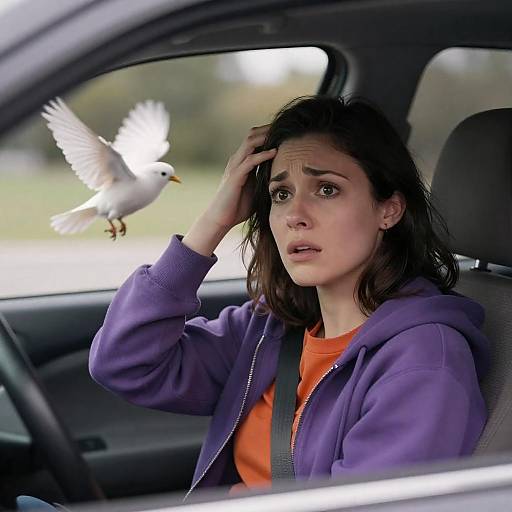 Surprised Woman with Bird Inside Car