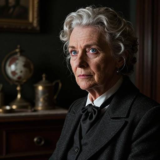 Photograph of an elderly woman with white curly hair, blue eyes, wearing a black suit, standing in a dimly lit room with antique furniture and