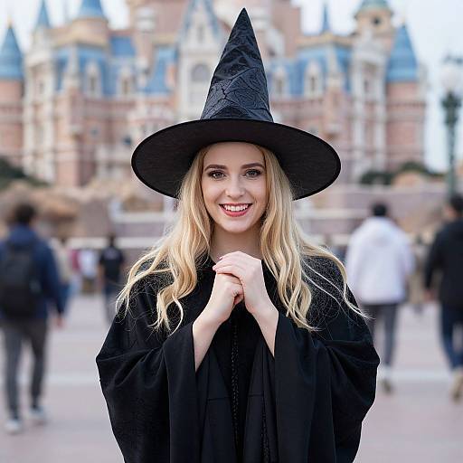 Photograph of a smiling blonde woman in a black witch hat and cloak, standing in front of a blurred Disney castle.