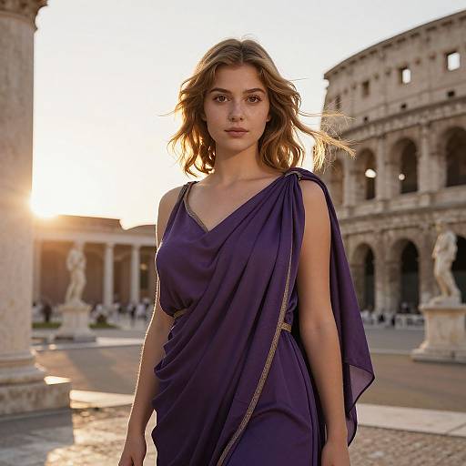 Photograph of a young woman with wavy brown hair, wearing a deep purple, ancient Greek-style dress, walking in a sunlit Roman courtyard with