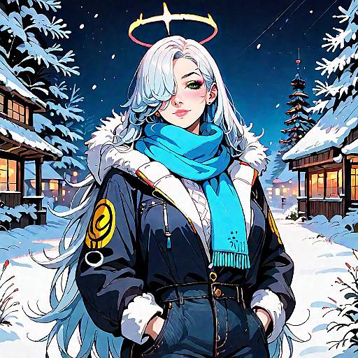Smiling Anime Woman in Winter Night