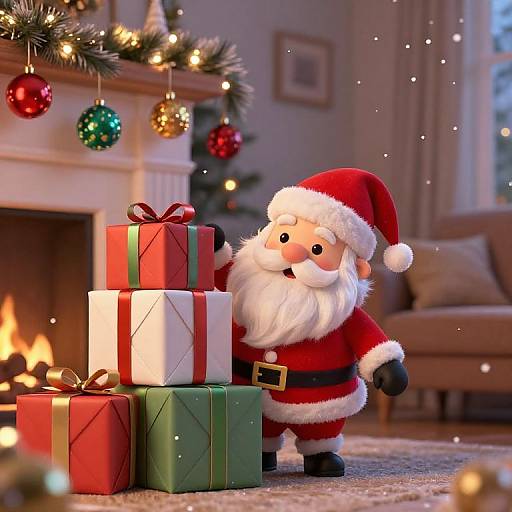 Playful Santa Peeking Behind Gifts