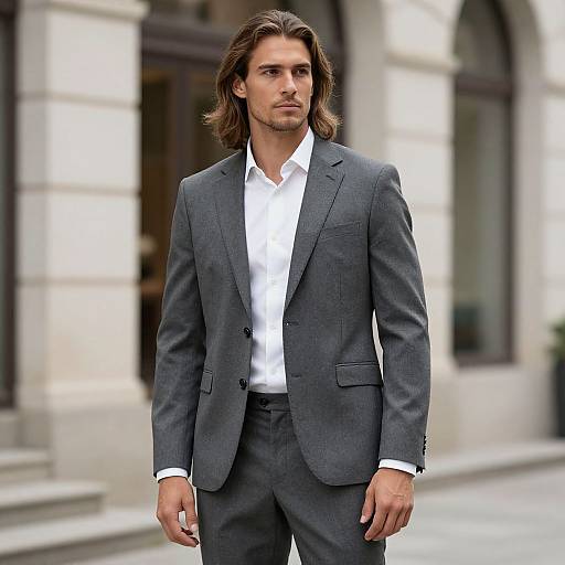 Photograph of a handsome, long-haired man in a gray suit and white shirt, standing confidently on a city street.