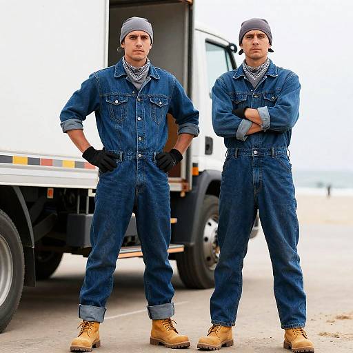 Serious Duo in Denim Overalls at Beach