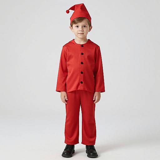 Photograph of a young boy with light skin, brown hair, wearing a red elf costume with a pointed hat, long-sleeve shirt, and