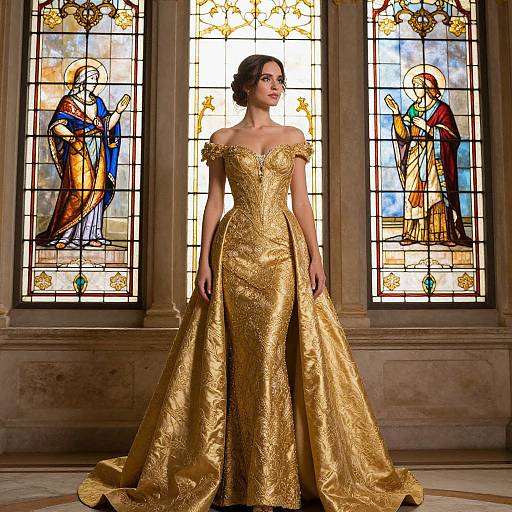 Photograph of a brunette woman in an off-shoulder, gold, embroidered gown standing before two stained glass windows in a church.