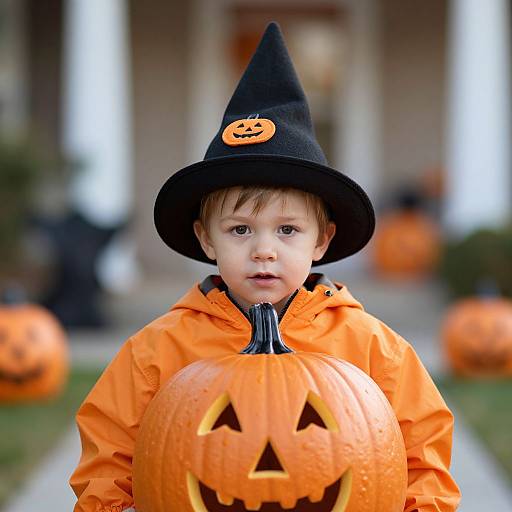 Photograph of a young boy with light brown hair, wearing an orange hoodie and black witch hat, holding a carved pumpkin with triangular eyes and teeth,