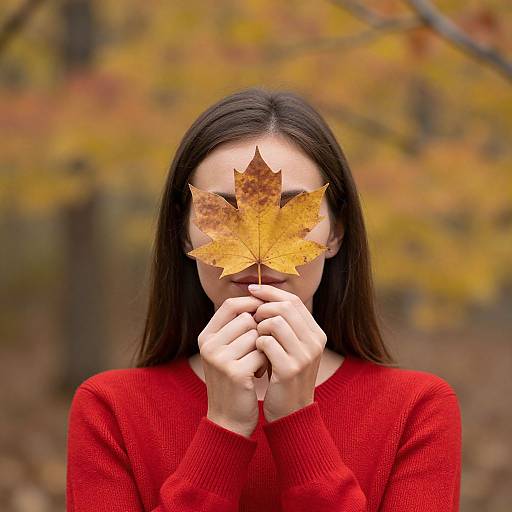 Photograph of a woman with long dark hair, wearing a red sweater, holding a yellow maple leaf over her eyes, set against a blurred autumn forest