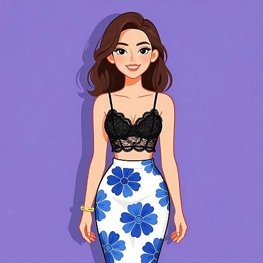 Digital illustration of a smiling woman with wavy brown hair, wearing a black lace crop top and white floral skirt against a purple background.