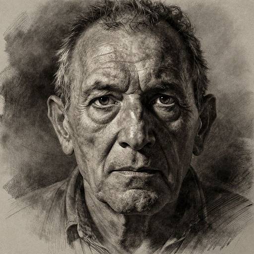 Black-and-white pencil sketch of an older man with deep wrinkles, short gray hair, and intense eyes, wearing a collared shirt.