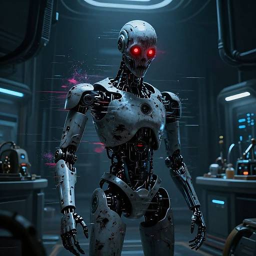 CGI sci-fi image of a glowing red-eyed, metallic humanoid robot standing in a dimly lit, futuristic laboratory with neon lights.