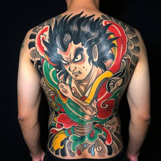 Photograph of a muscular man's back, featuring vibrant, detailed traditional Japanese-style tattoo of an angry, spiky-haired character with colorful waves and swirl