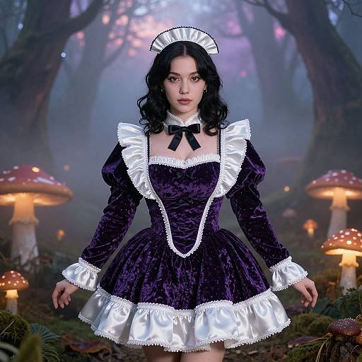 Digital art of a fair-skinned woman with black wavy hair, wearing a purple and white Victorian-style maid dress, standing in a mystical forest with