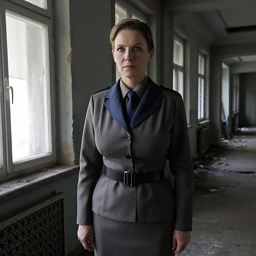 Photograph of a serious-looking, fair-skinned woman with short brown hair in a gray military-style uniform with blue collar and belt, standing in a