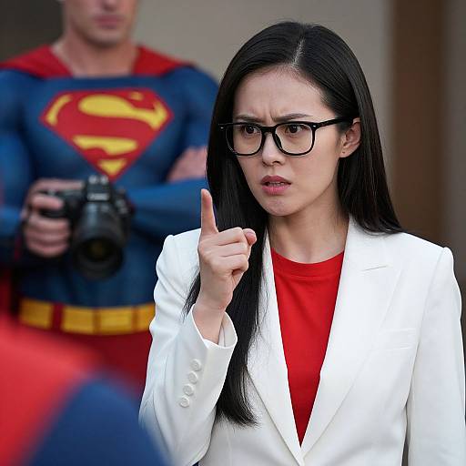Photograph of an Asian woman with long black hair, wearing black glasses and a white blazer over a red shirt, gesturing with her index finger