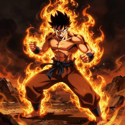 Digital anime-style drawing of a muscular, shirtless, spiky-haired warrior with glowing orange flames surrounding him, wearing brown pants and black wristbands,