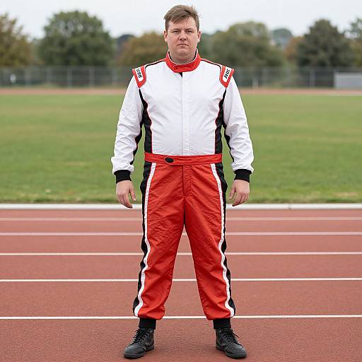 Photograph of a man standing on a red track, wearing a white and red racing jacket with black accents, red track pants, and black shoes,