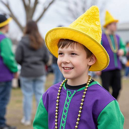 Photograph of a smiling young boy wearing a yellow Mardi Gras hat, purple and green shirt, and gold bead necklace, outdoors with blurred background