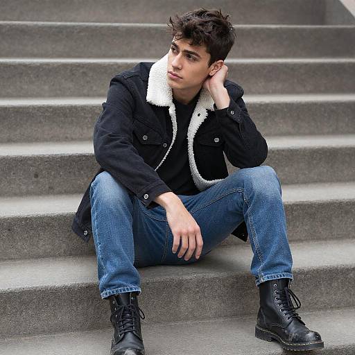 Young man sitting on urban concrete steps
