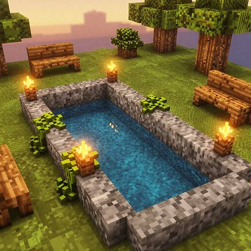 Pixel art of a Minecraft-style rectangular pool with blue water, surrounded by gray stone, lit by four torches, and flanked by wooden benches on