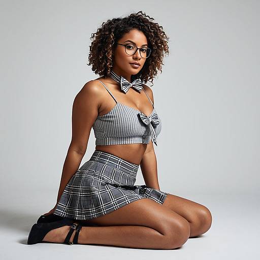 Fashion Model in Plaid Crop Top and Mini Skirt
