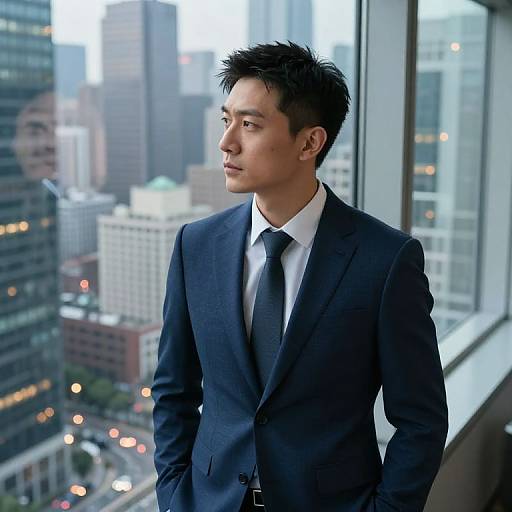Photograph of an Asian man with short black hair, wearing a dark blue suit and black tie, standing by a window overlooking a cityscape with tall