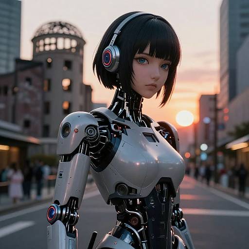 Digital CGI of a sleek, silver, humanoid robot with black bob haircut, blue eyes, and headphones, standing in a futuristic city street at sunset.