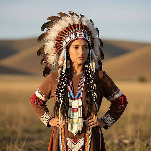 Photograph of a young Native American girl with long braids, wearing a traditional brown dress and elaborate feathered headdress, standing confidently in a sun