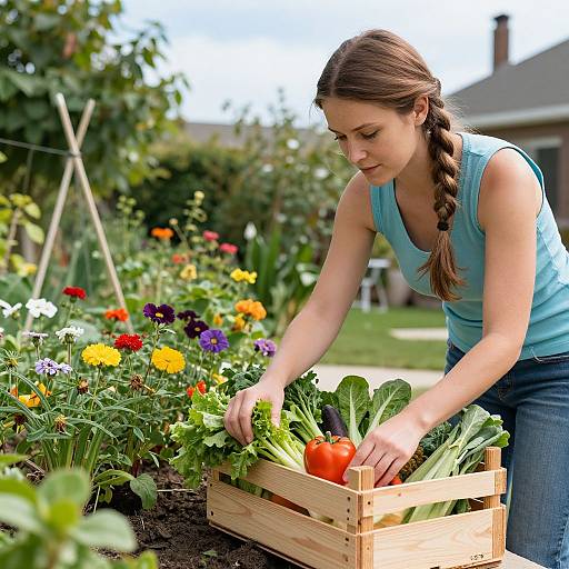 Photograph of a brown-haired woman in a blue tank top, tending a vibrant garden bed, sorting vegetables from a wooden crate.