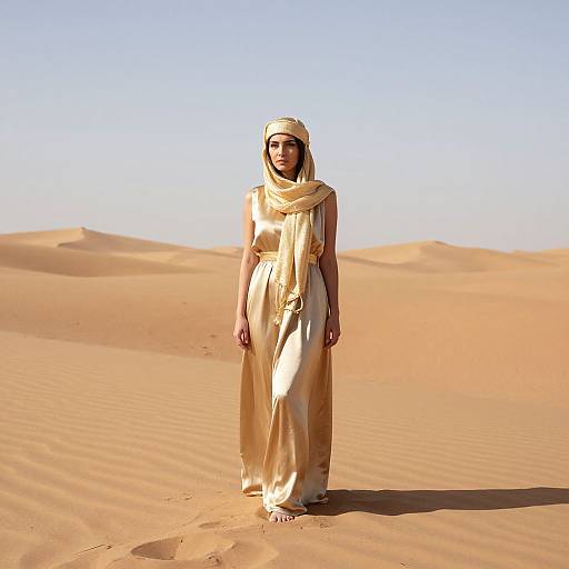 Photograph of a woman in a golden desert dress and headscarf standing in a vast, sunlit, orange sand dune desert.