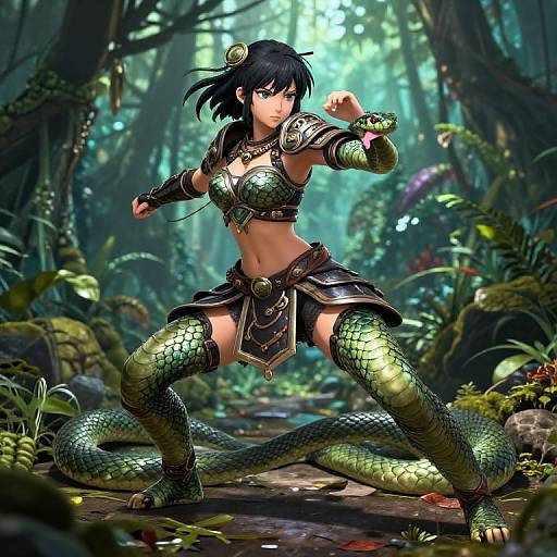 Digital art: Anime-style female warrior with green snake scales, black hair, and armor, crouching in a lush, mystical forest.