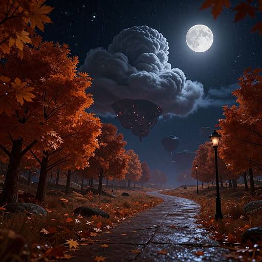 Whimsical night scene: full moon, dark clouds, floating balloons, red-orange autumn trees, wet cobblestone path, glowing lamppost