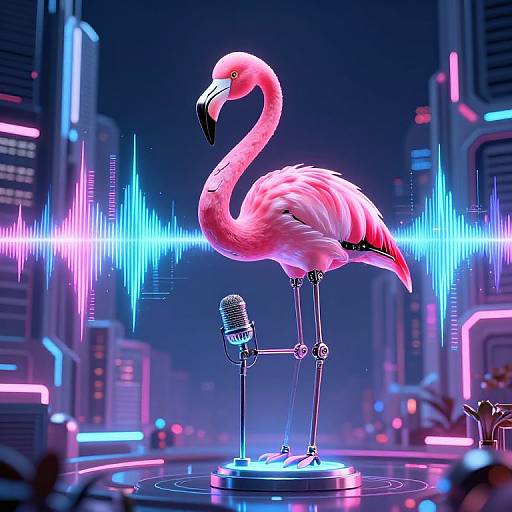 Neon-lit digital illustration of a pink flamingo standing on a microphone stand in a futuristic cityscape with vibrant blue and pink neon lights.