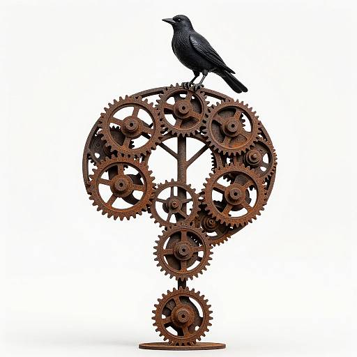 Photograph of a blackbird perched on a rusted, intricate gear sculpture, forming a circular shape with various sized gears.
