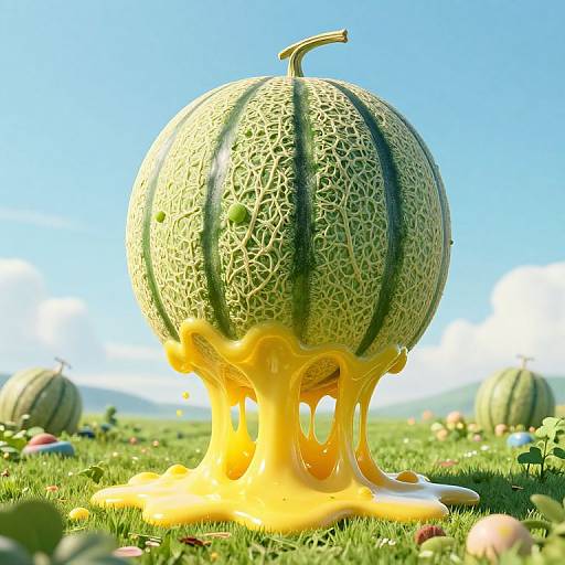 Photorealistic CGI image of a honeydew melon with intricate green patterns, melting into bright yellow honey on a grassy field, with water