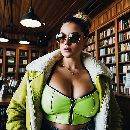 Woman in Neon Green Leather Jacket in Bookstore Cafe