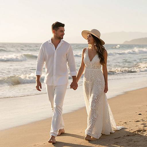 Photograph of a couple walking on a sunlit beach, holding hands. He wears a white shirt and pants, she wears a white lace dress and