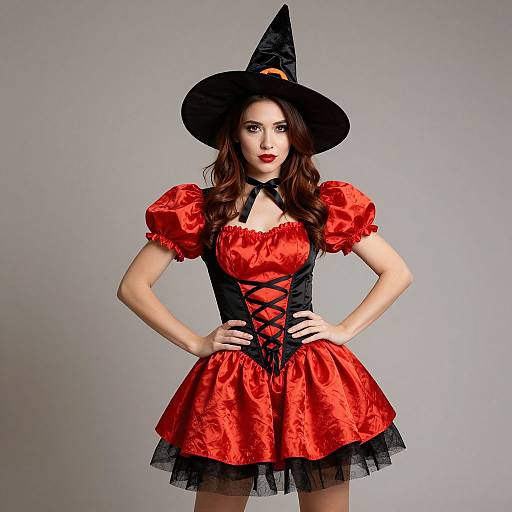 Photograph of a young woman in a red and black witch costume with puffed sleeves, corset lacing, black hat, and tulle skirt
