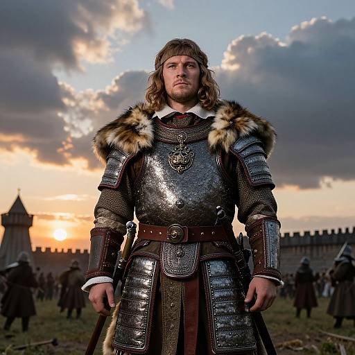 Photograph of a muscular, fair-skinned man with long brown hair in medieval armor with fur trim, standing in a battlefield at sunset.