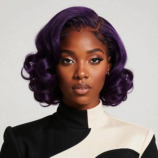 Photograph of a beautiful Black woman with glossy purple wavy hair, wearing a black and white high-neck top, looking directly at the camera with a