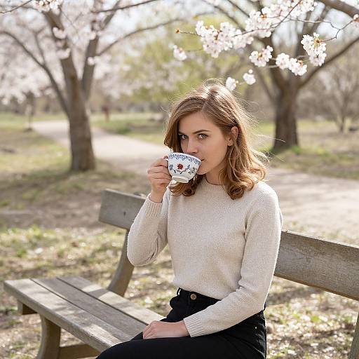Willowy Woman Sipping Tea in Countryside