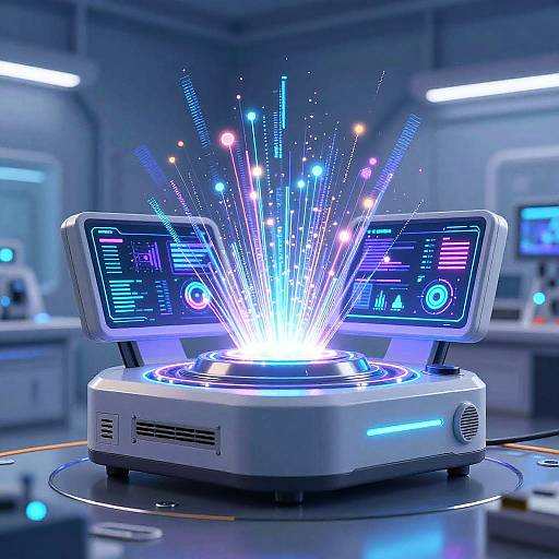 Digital CGI of a futuristic control device emitting vibrant blue and purple neon lights, with data screens and glowing sparks in a high-tech, blue-lit laboratory