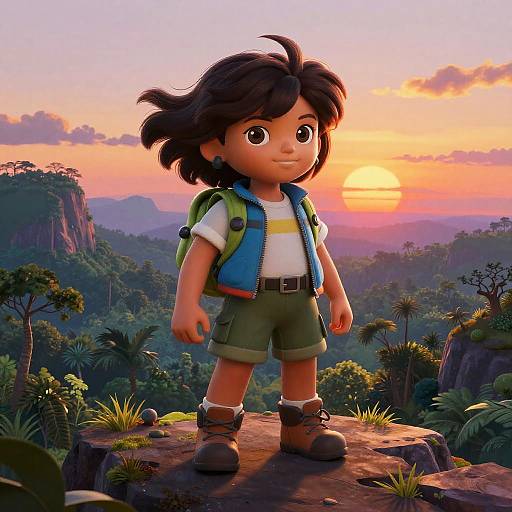 Digital illustration of a young boy with dark hair, wearing a backpack, green shorts, and brown boots, standing on a rock at sunset in a lush